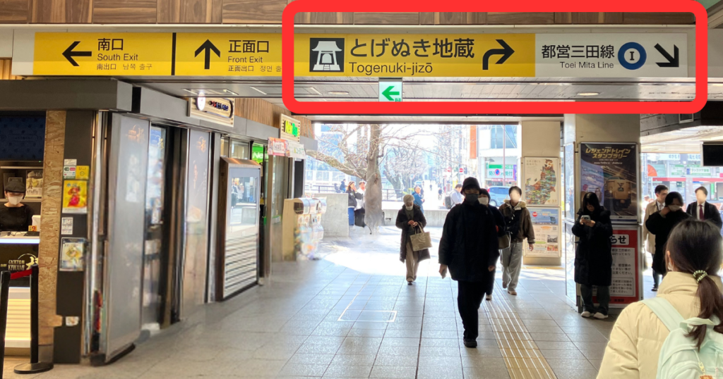 JR山手線巣鴨駅から、都営三田線方面へ進み、「とげぬき地蔵方面」を目指す