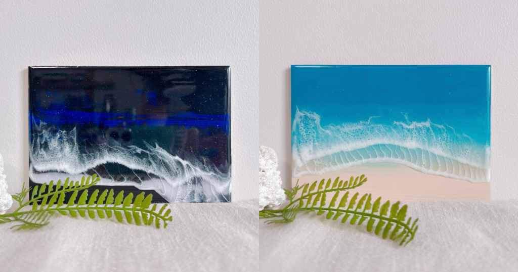 海レジンアート体験での作品。それぞれ個性的な一枚に