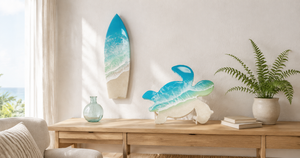 海レジンアート体験で作るサーフボードとホヌのアートパネル